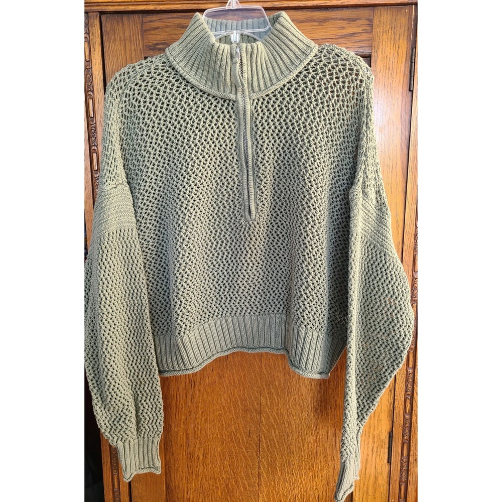 Aerie Crochet Quarter Zip Cropped Sweater Royal Palm Size Medium Boho Relaxed